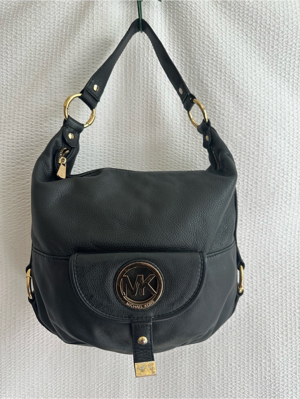 Michael Kors Black Pebbled Leather Hobo Shoulder Bag with Gold Hardware
